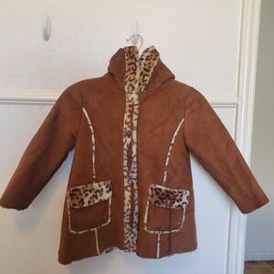 Arizona Jean Co Girls Faux Suede Hooded Coat Jacket Leopard Faux Fur Trim
